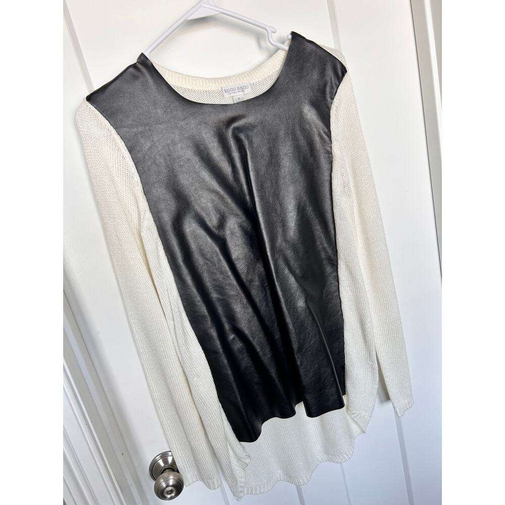 Bisou Bisou Michele Bohbot Women Faux Leather Front Sweater Black Cream SZ Small